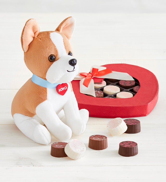 Valentines Bulldog Plush & 9pc Truffle Heart Box